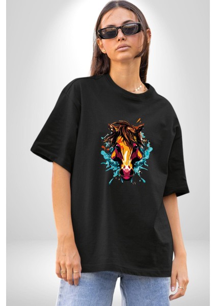 At Kafası Renkli Pamuklu Bisiklet Yaka Kadın Erkek Oversize Boyfriend Dijital Baskılı Siyah T-Shirt