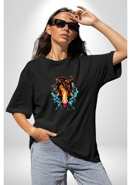 At Kafası Renkli Pamuklu Bisiklet Yaka Kadın Erkek Oversize Boyfriend Dijital Baskılı Siyah T-Shirt fiyatları
