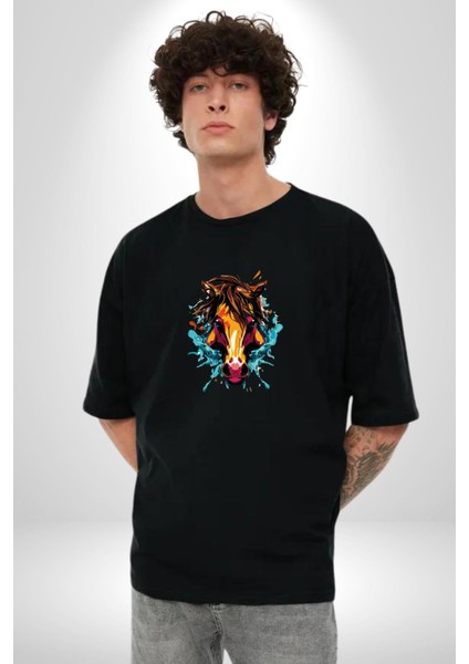 At Kafası Renkli Pamuklu Bisiklet Yaka Kadın Erkek Oversize Boyfriend Dijital Baskılı Siyah T-Shirt fırsatları