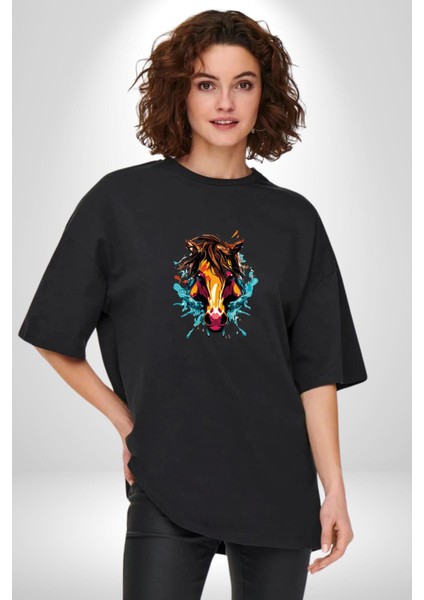 At Kafası Renkli Pamuklu Bisiklet Yaka Kadın Erkek Oversize Boyfriend Dijital Baskılı Siyah T-Shirt indirimleri