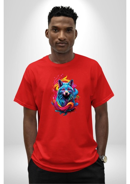 Renkli Kurt Pamuklu Bisiklet Yaka Kadın Erkek Oversize Boyfriend Dijital Baskılı Kırmızı T-Shirt