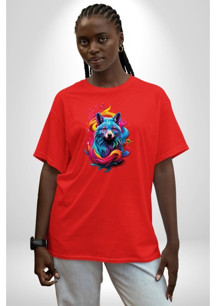 Renkli Kurt Pamuklu Bisiklet Yaka Kadın Erkek Oversize Boyfriend Dijital Baskılı Kırmızı T-Shirt indirimleri