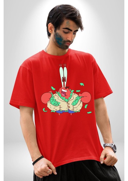 Mr Krabs Spongebob Zengin Pamuklu Bisiklet Yaka Kadın Erkek Oversize Boyfriend Dijital Baskılı Kırmızı T-Shirt