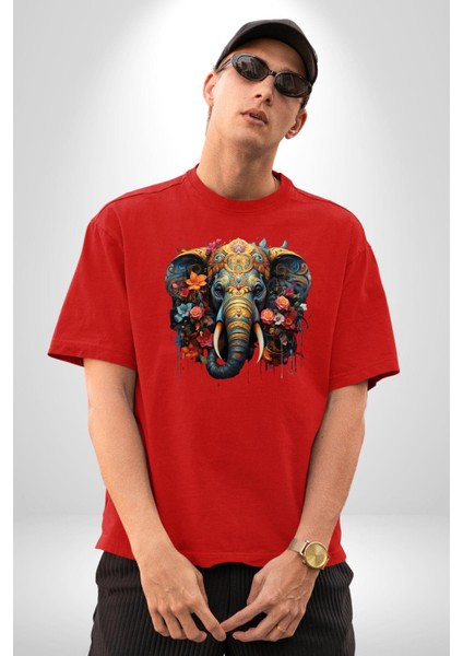 Bereket Fil Hintli Tasarım Pamuklu Bisiklet Yaka Kadın Erkek Oversize Boyfriend Dijital Baskılı Kırmızı T-Shirt