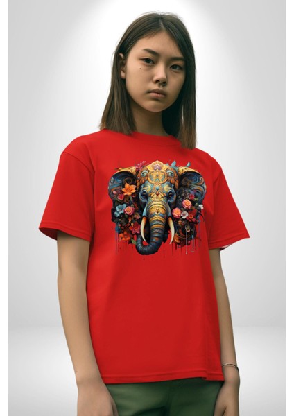Bereket Fil Hintli Tasarım Pamuklu Bisiklet Yaka Kadın Erkek Oversize Boyfriend Dijital Baskılı Kırmızı T-Shirt modelleri