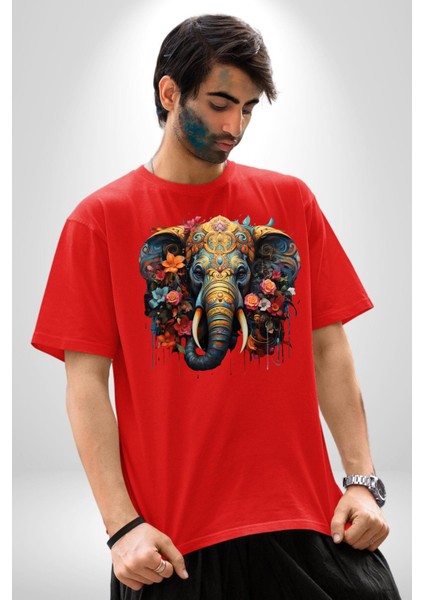 Bereket Fil Hintli Tasarım Pamuklu Bisiklet Yaka Kadın Erkek Oversize Boyfriend Dijital Baskılı Kırmızı T-Shirt fırsatları
