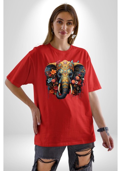 Bereket Fil Hintli Tasarım Pamuklu Bisiklet Yaka Kadın Erkek Oversize Boyfriend Dijital Baskılı Kırmızı T-Shirt indirimleri