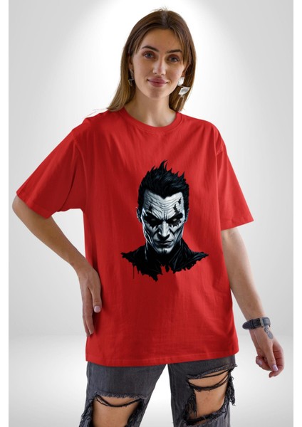 Yeni Nesil Joker Pamuklu Bisiklet Yaka Kadın Erkek Oversize Boyfriend Dijital Baskılı Kırmızı T-Shirt