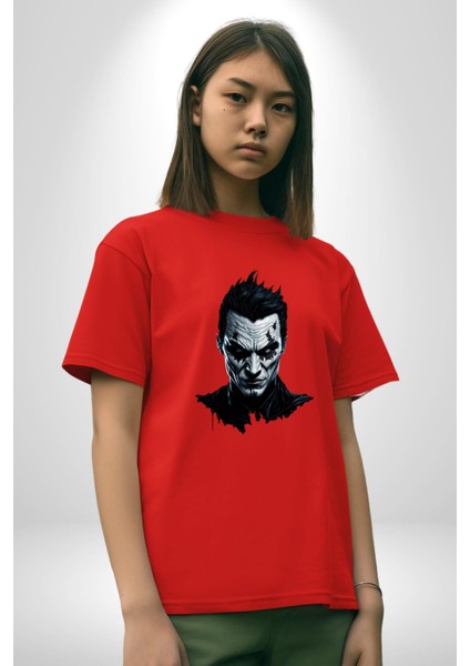 Yeni Nesil Joker Pamuklu Bisiklet Yaka Kadın Erkek Oversize Boyfriend Dijital Baskılı Kırmızı T-Shirt