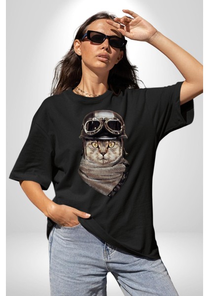 Kasket Bandana Motorcu Kedi Pamuklu Bisiklet Yaka Kadın Erkek Oversize Boyfriend Dijital Baskılı Siyah T-Shirt