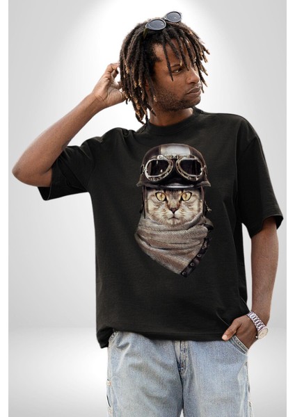 Kasket Bandana Motorcu Kedi Pamuklu Bisiklet Yaka Kadın Erkek Oversize Boyfriend Dijital Baskılı Siyah T-Shirt fiyatları