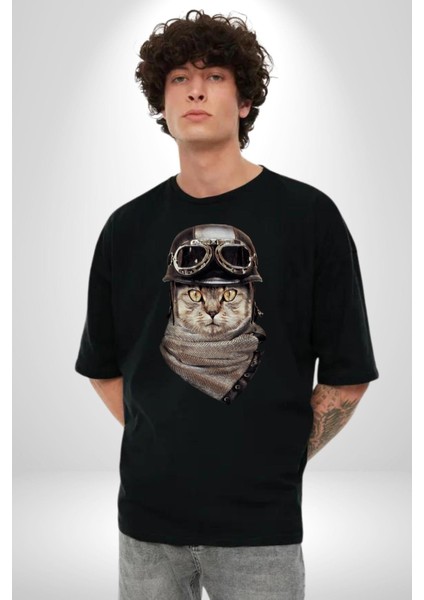 Kasket Bandana Motorcu Kedi Pamuklu Bisiklet Yaka Kadın Erkek Oversize Boyfriend Dijital Baskılı Siyah T-Shirt modelleri