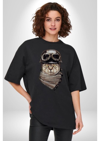 Kasket Bandana Motorcu Kedi Pamuklu Bisiklet Yaka Kadın Erkek Oversize Boyfriend Dijital Baskılı Siyah T-Shirt fırsatları