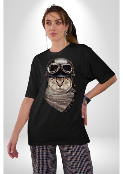 Kasket Bandana Motorcu Kedi Pamuklu Bisiklet Yaka Kadın Erkek Oversize Boyfriend Dijital Baskılı Siyah T-Shirt indirimleri