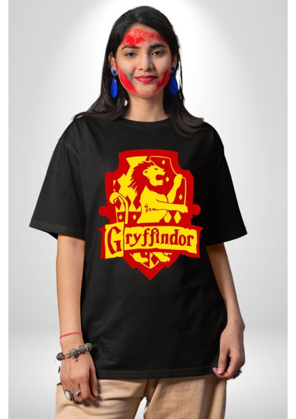 Gryffindor Pamuklu Bisiklet Yaka Kadın Erkek Oversize Boyfriend Dijital Baskılı Siyah T-Shirt