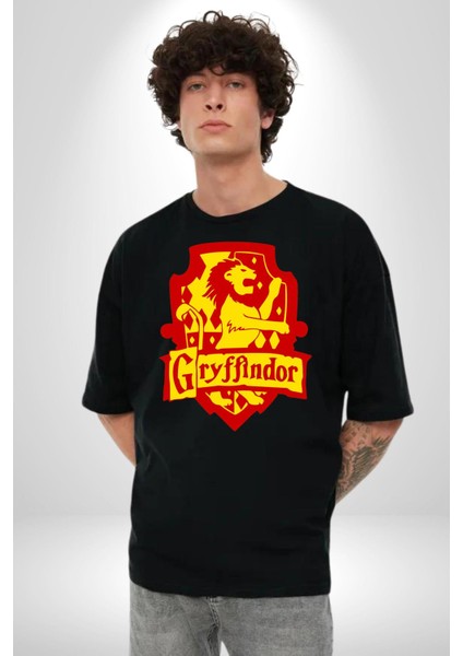 Gryffindor Pamuklu Bisiklet Yaka Kadın Erkek Oversize Boyfriend Dijital Baskılı Siyah T-Shirt