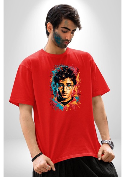 Renkli Yağlı Boya Harry Potter Pamuklu Bisiklet Yaka Kadın Erkek Oversize Boyfriend Dijital Baskılı Kırmızı T-Shirt