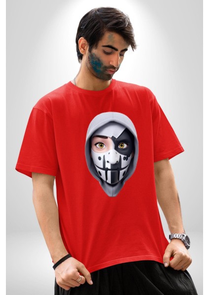 Maske Takan Kahraman Kafası Pamuklu Bisiklet Yaka Kadın Erkek Oversize Boyfriend Dijital Baskılı Kırmızı T-Shirt