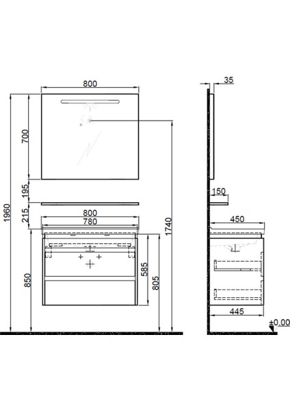 Idea 2.0 80 cm Pasifik A Çift Çekmeceli Banyo Dolabı Takımı 610100200528