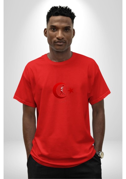 Ay Yıldız Kırmızı Kemal Atatürk Imza Pamuklu Bisiklet Yaka Kadın Erkek Oversize Boyfriend Dijital Baskılı Kırmızı T-Shirt