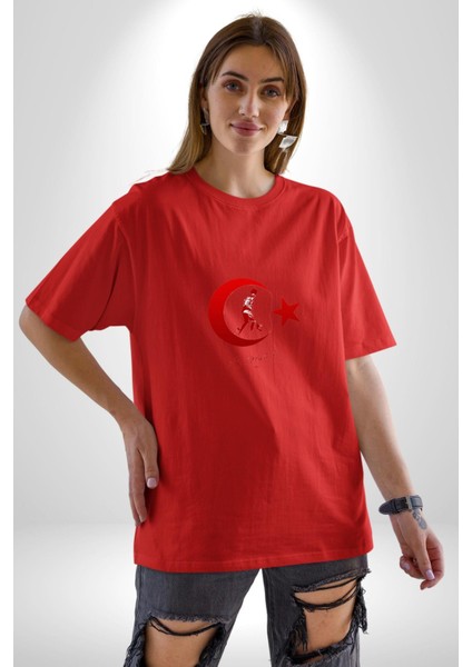 Ay Yıldız Kırmızı Kemal Atatürk Imza Pamuklu Bisiklet Yaka Kadın Erkek Oversize Boyfriend Dijital Baskılı Kırmızı T-Shirt fırsatları