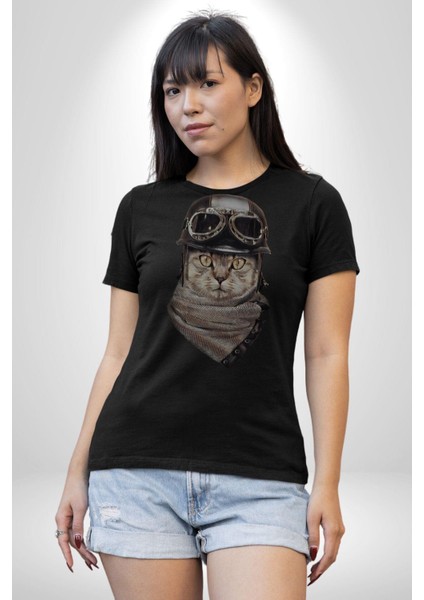 Kasket Bandana Motorcu Kedi Kadın Erkek Unisex Siyah Organik Baskılı T-Shirt Penye Yüksek Kalite