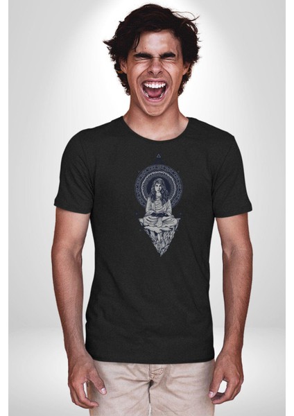 Falcı Meditasyon Yoga Dağın Üstünde Kadın Erkek Unisex Siyah Organik Baskılı T-Shirt Penye Yüksek Kalite