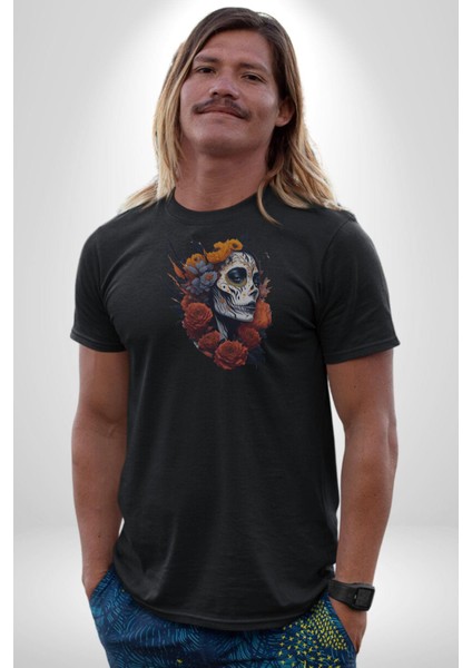 Maske Dövmeli Çiçekli Kız Kadın Erkek Unisex Siyah Organik Baskılı T-Shirt Penye Yüksek Kalite
