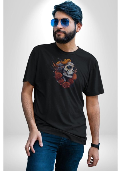 Maske Dövmeli Çiçekli Kız Kadın Erkek Unisex Siyah Organik Baskılı T-Shirt Penye Yüksek Kalite