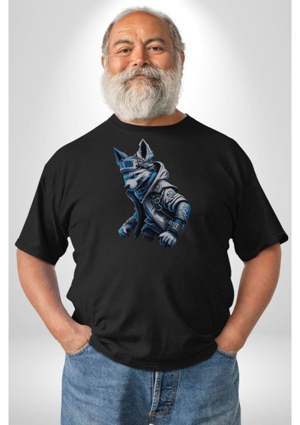 Mavi Siyah Ateşli Kurt Kadın Erkek Unisex Siyah Organik Baskılı T-Shirt Penye Yüksek Kalite