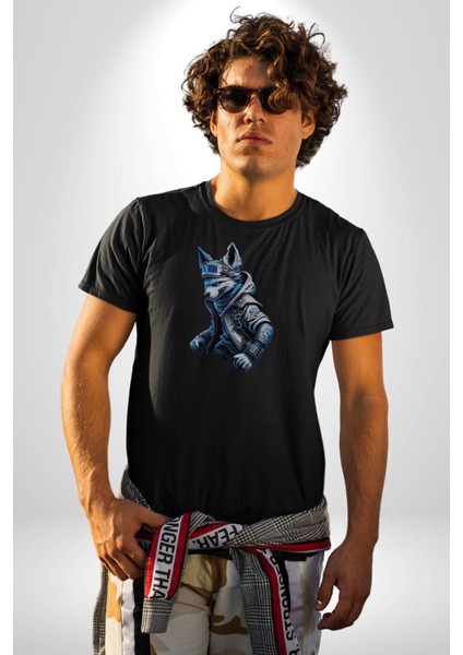 Mavi Siyah Ateşli Kurt Kadın Erkek Unisex Siyah Organik Baskılı T-Shirt Penye Yüksek Kalite indirimleri