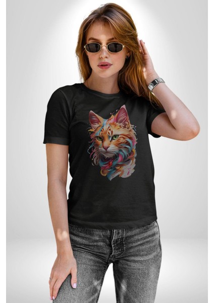 Hayvan Kedi Sanat Potre Kadın Erkek Unisex Siyah Organik Baskılı T-Shirt Penye Yüksek Kalite