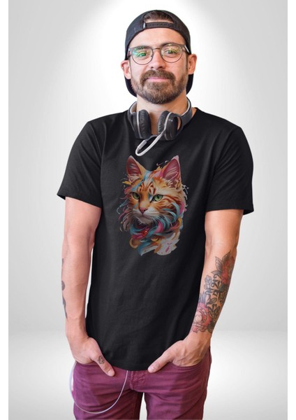 Hayvan Kedi Sanat Potre Kadın Erkek Unisex Siyah Organik Baskılı T-Shirt Penye Yüksek Kalite fiyatları