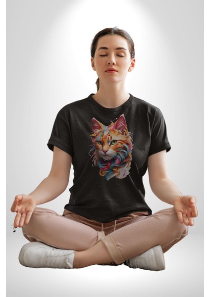 Hayvan Kedi Sanat Potre Kadın Erkek Unisex Siyah Organik Baskılı T-Shirt Penye Yüksek Kalite indirimleri