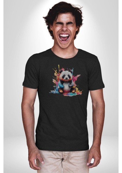 Renkli Yavru Panda Kadın Erkek Unisex Siyah Organik Baskılı T-Shirt Penye Yüksek Kalite