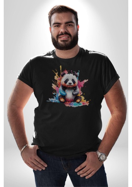 Renkli Yavru Panda Kadın Erkek Unisex Siyah Organik Baskılı T-Shirt Penye Yüksek Kalite