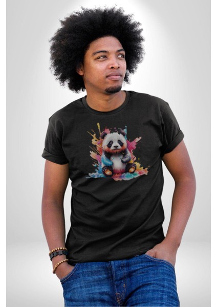 Renkli Yavru Panda Kadın Erkek Unisex Siyah Organik Baskılı T-Shirt Penye Yüksek Kalite
