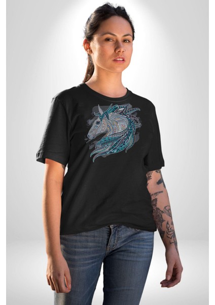 At Mandala Kafası Kadın Erkek Unisex Siyah Organik Baskılı T-Shirt Penye Yüksek Kalite