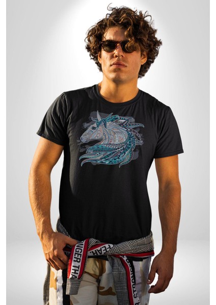 At Mandala Kafası Kadın Erkek Unisex Siyah Organik Baskılı T-Shirt Penye Yüksek Kalite modelleri