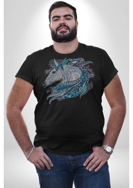 At Mandala Kafası Kadın Erkek Unisex Siyah Organik Baskılı T-Shirt Penye Yüksek Kalite fırsatları