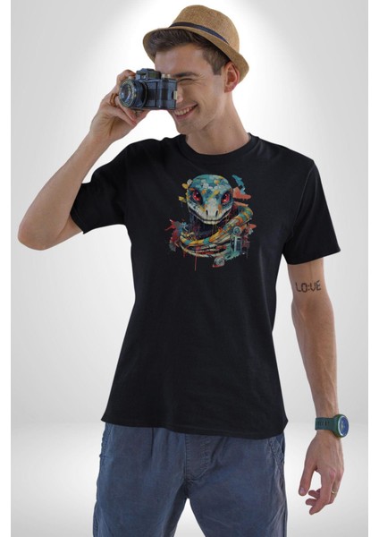 Yapay Zeka Sanal Yılan Kadın Erkek Unisex Siyah Organik Baskılı T-Shirt Penye Yüksek Kalite