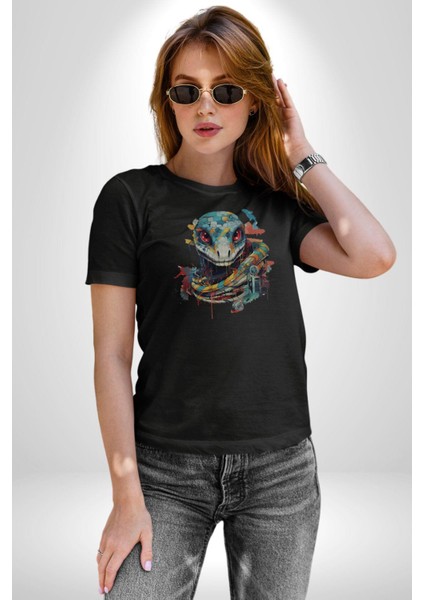 Yapay Zeka Sanal Yılan Kadın Erkek Unisex Siyah Organik Baskılı T-Shirt Penye Yüksek Kalite modelleri