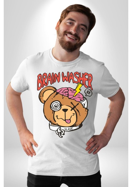 Beyin Yıkama Kadın Erkek Unisex Beyaz Organik Baskılı T-Shirt Penye Yüksek Kalite