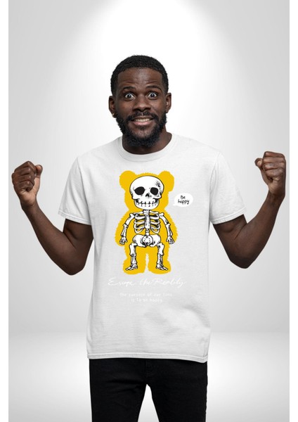 Mutlu Ol Kadın Erkek Unisex Beyaz Organik Baskılı T-Shirt Penye Yüksek Kalite