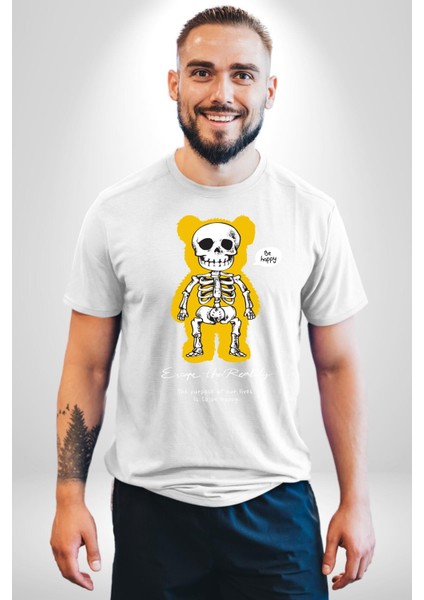 Mutlu Ol Kadın Erkek Unisex Beyaz Organik Baskılı T-Shirt Penye Yüksek Kalite
