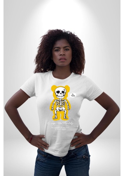 Mutlu Ol Kadın Erkek Unisex Beyaz Organik Baskılı T-Shirt Penye Yüksek Kalite