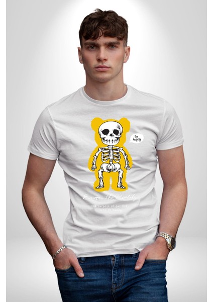 Mutlu Ol Kadın Erkek Unisex Beyaz Organik Baskılı T-Shirt Penye Yüksek Kalite