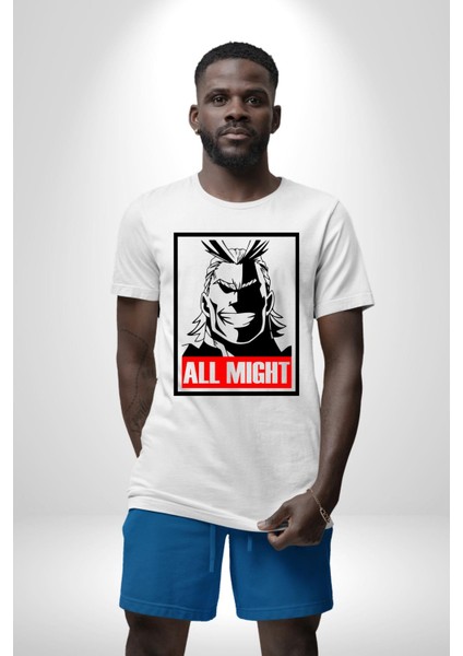 All Might Lahramanlık Akademim Anime Kadın Erkek Unisex Beyaz Organik Baskılı T-Shirt Penye Yüksek Kalite modelleri