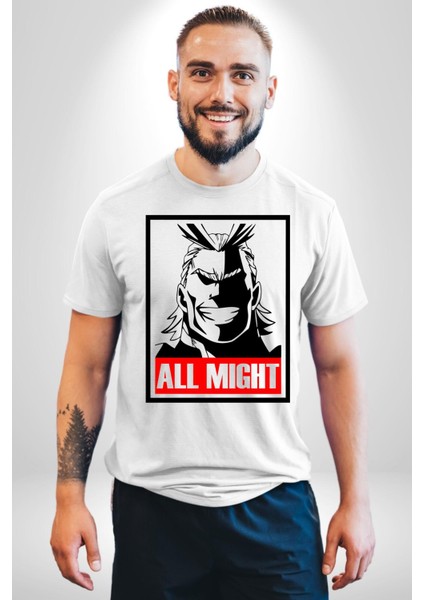 All Might Lahramanlık Akademim Anime Kadın Erkek Unisex Beyaz Organik Baskılı T-Shirt Penye Yüksek Kalite fırsatları