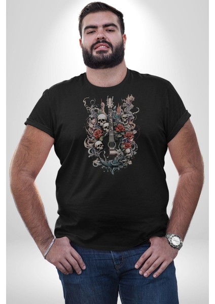 Gitar Kafatası Güller Doğa Uyumu Kadın Erkek Unisex Siyah Organik Baskılı T-Shirt Penye Yüksek Kalite fiyatları